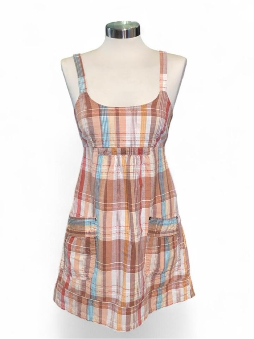 American Rag Plaid Mini Dress in Brown, Cream and Blue